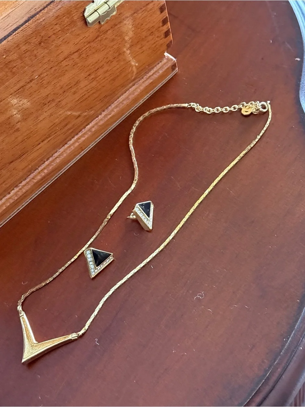 Vintage Christian Dior V-Shaped Pavé Black Enamel Earrings & Necklace Gold Set